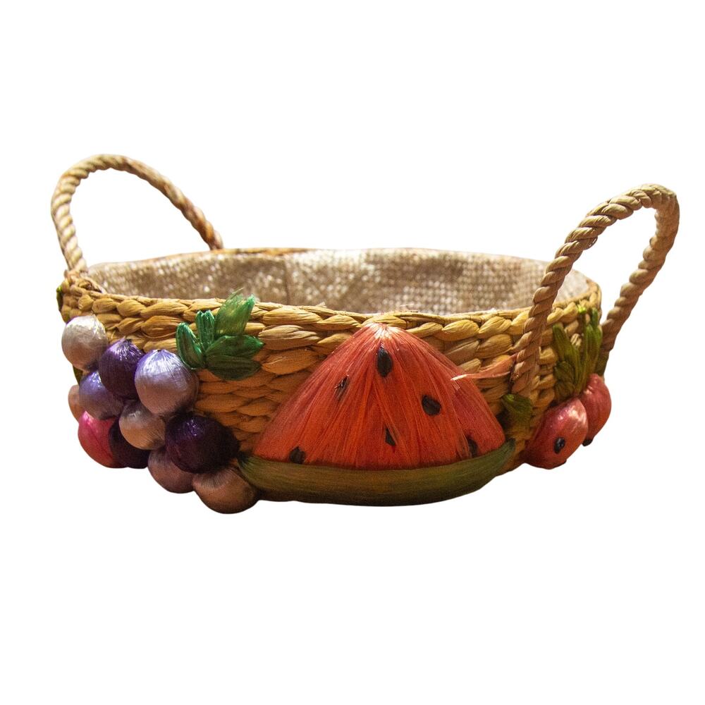Boho Vintage 1970s Handwoven Raffia Basket 3D Fruit Appliqué Handles